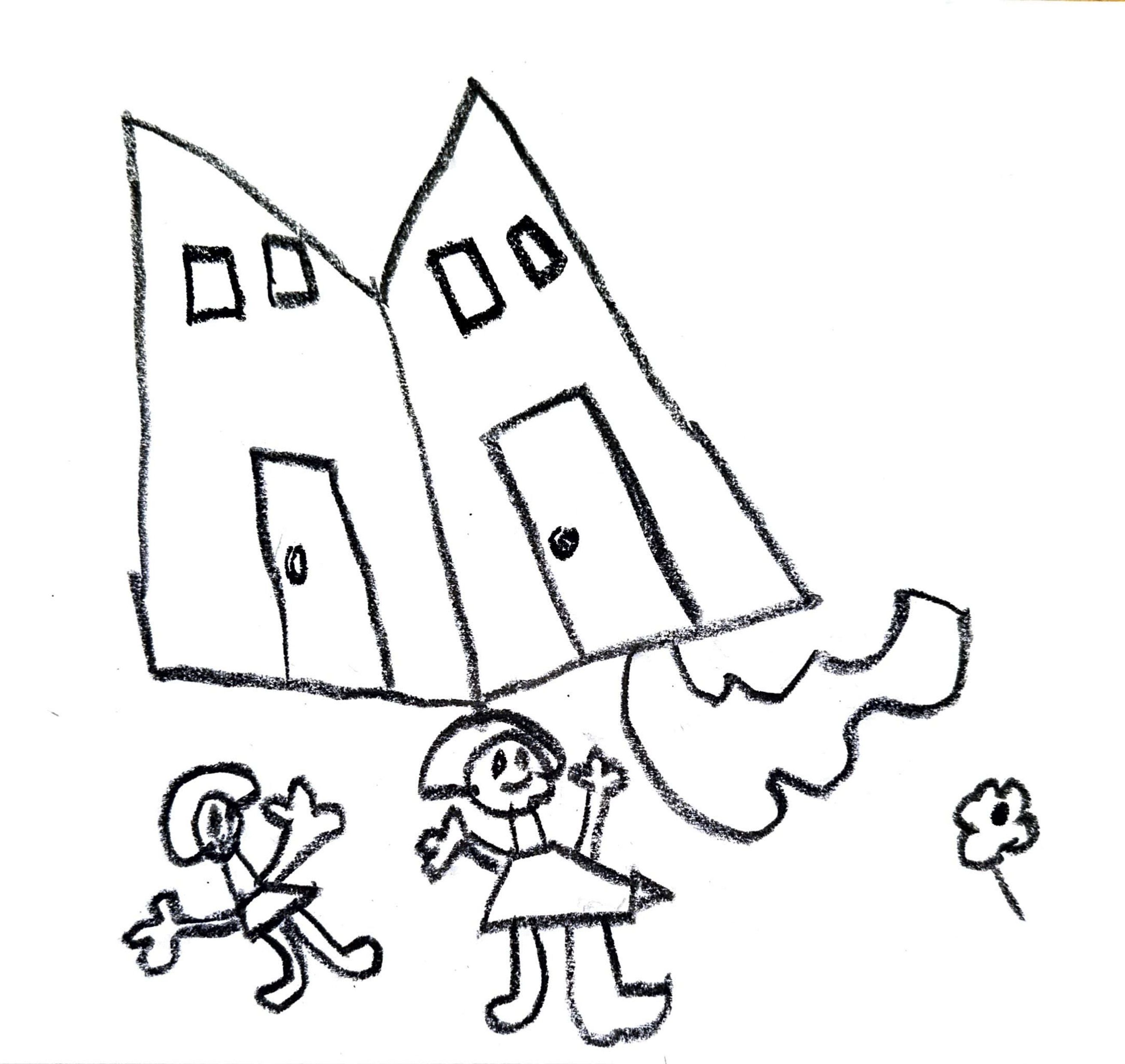 Kinderzeichnung von zwei Häusern mit Menschen davor